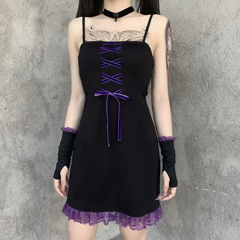 

Summer Women Dress Lace Patchwork Bodycon Black Gothic Bandage A-line Sexy Off Shoulder Dresses Female Streetwear Dark Academia