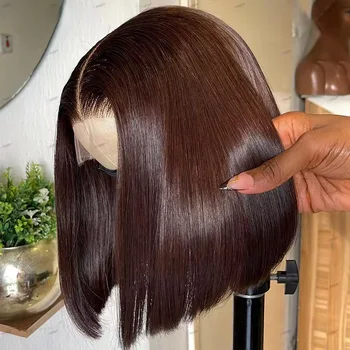 13X4 Chocolate Brown Straight Bob Wig 4X4 Silky Straight HD Lace Frontal Wig Natural Hairline Pre Plucked Human Hair 100% 16Inch