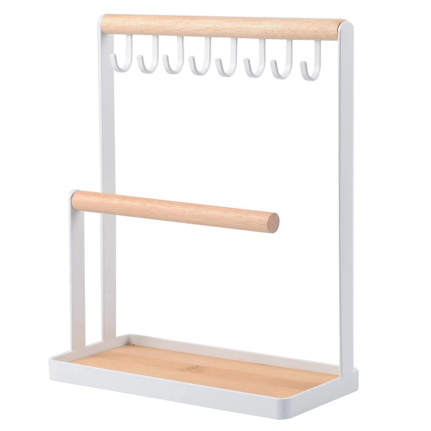 

Jewelry Display Stand Holder with Wooden Ring Tray and Hooks Storage Necklaces Bracelets, Rings, Watches
