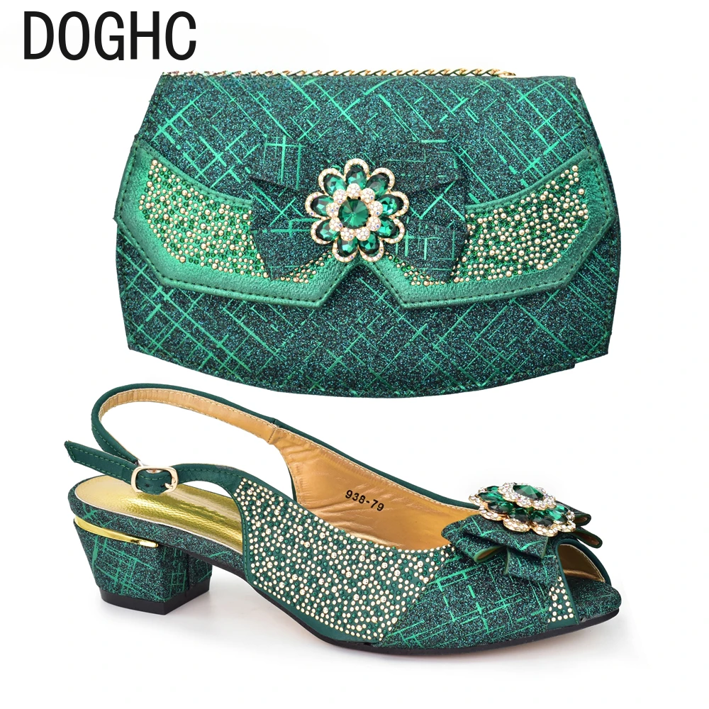 

New Design Shoes Wedding Party with Bag Italian Shoes with Matching Bags for Nigeria Rhinestone Lady Pumps Plus Size Heels 43