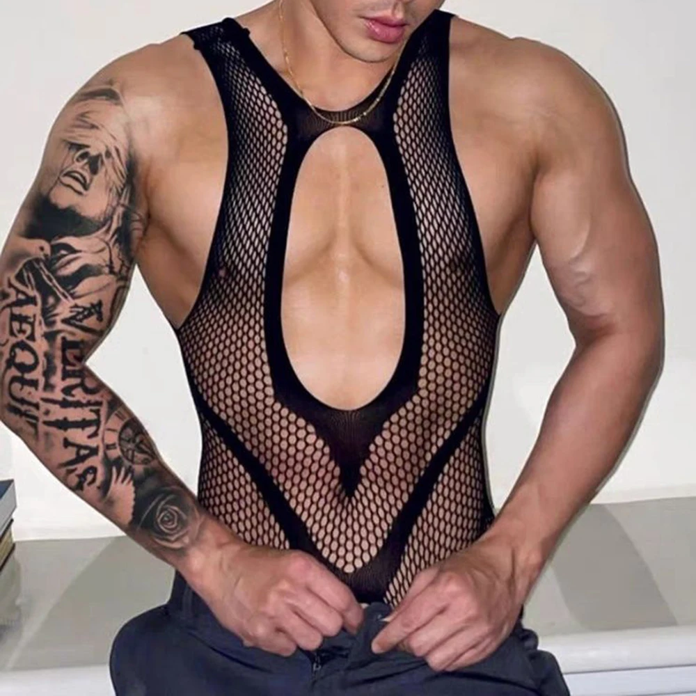 Men's Ultra-thin Erotic Lingerie Sexy Transparent Mesh Lace Jumpsuit Set See Through Vest Stockings Tights Bodysuit