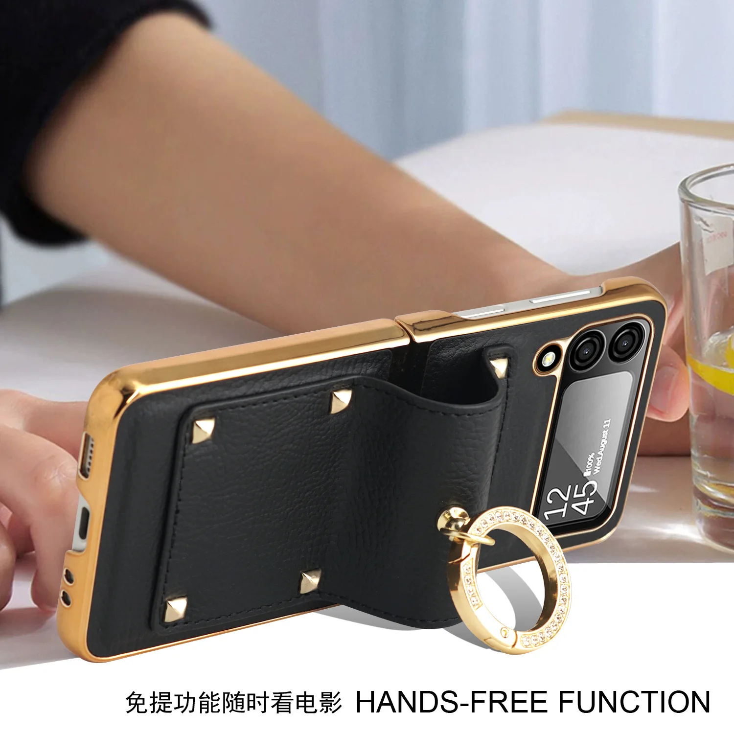 Elegant Leather Flip Case with Ring Holder & Glass Lens Cover