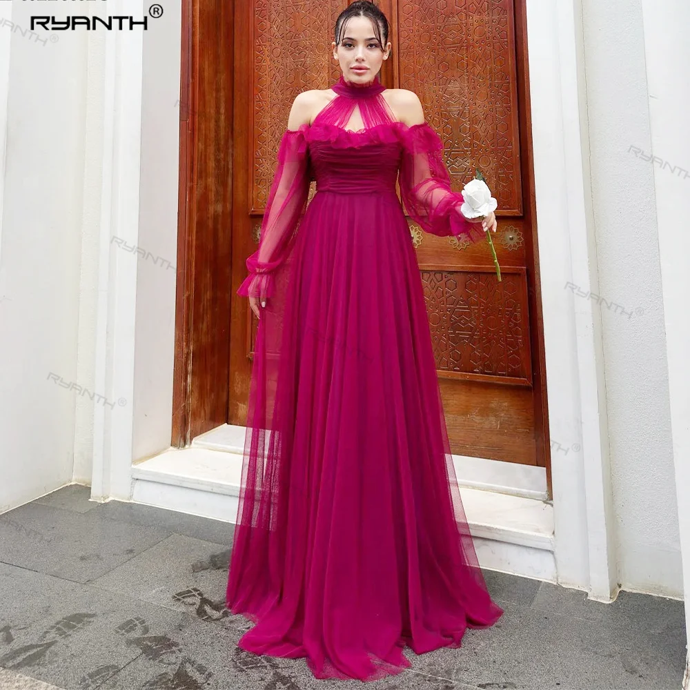 

Ryanth Halter Neck Evening Dress Fuchsia A Line Tulle Prom Dress Long Sleeves Off Shoulder Wedding Party Dress vestidos de noche