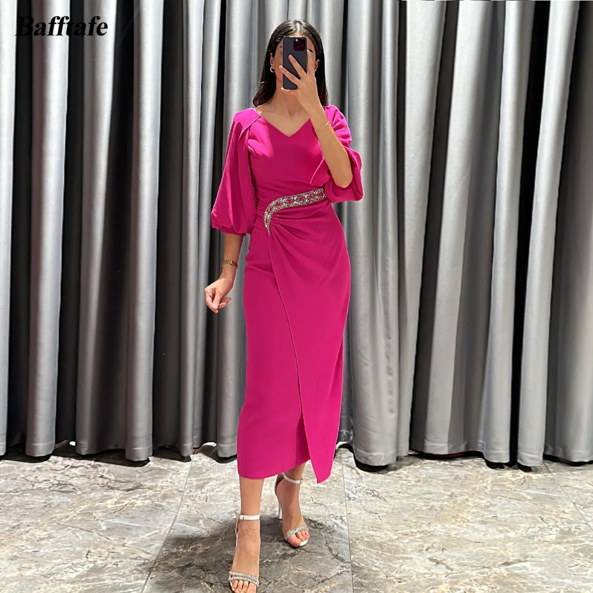

Fuchsia Half Sleeves Saudi Arabia Prom Dresses V-Neck Beaded Slit Midi Evening Party Women Gowns Formal Occasion Dresses Outfits