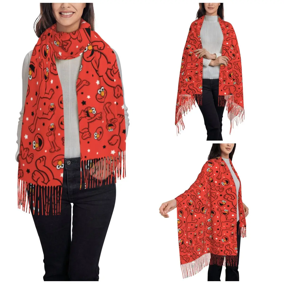 Cookie Monster Womens Tassel Scarf Red Dancing Elmo Pattern Long Super Soft Shawl Wrap Gifts Cashmere Scarf 2