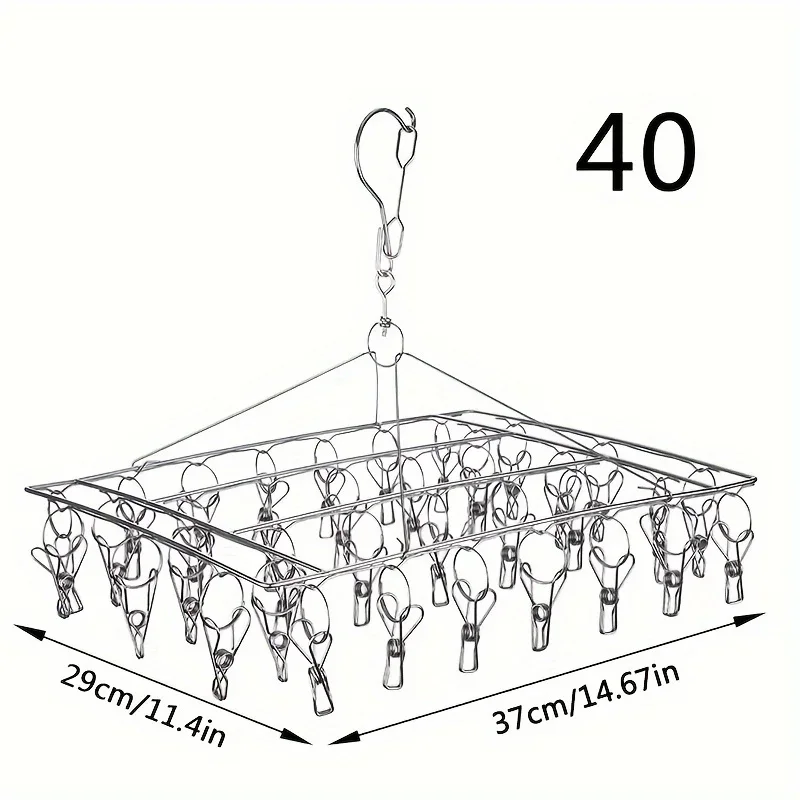 1PC stainless steel sock drying rack with multiple clips, rotating hook windproof clothes rack, sock drying rack, bra, underwear 6
