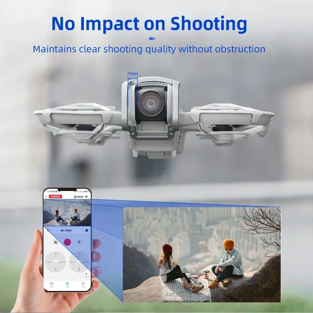 Protège cardan DJI Neo gris clair installé sur le simulateur, vue latérale du pare-chocs en silicone protégeant le cardan.