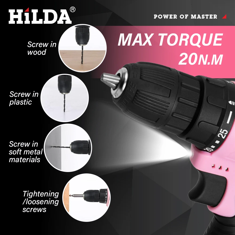 HILDA Electric Drill 12V Cordless Drill Electric Screwdriver Mini Wireless Power Driver DC Lithium-Ion Battery