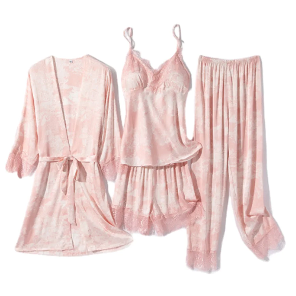 Women Pajamas 4 Pieces Sets Satin Silk Nightwear Strap Lace Pajama With Pyjama Set Loose Comfortable Underwear Thin Sleepwear