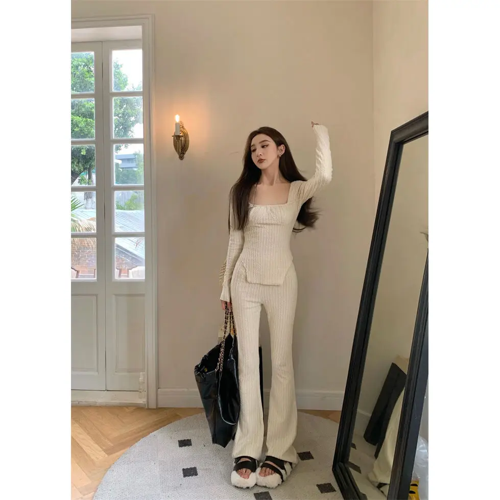 Spice Girls Vintage Slimming Suit Women\'s Autumn New Korean Edition Square Neck Long Sleeve Top High Waist Straight Pants