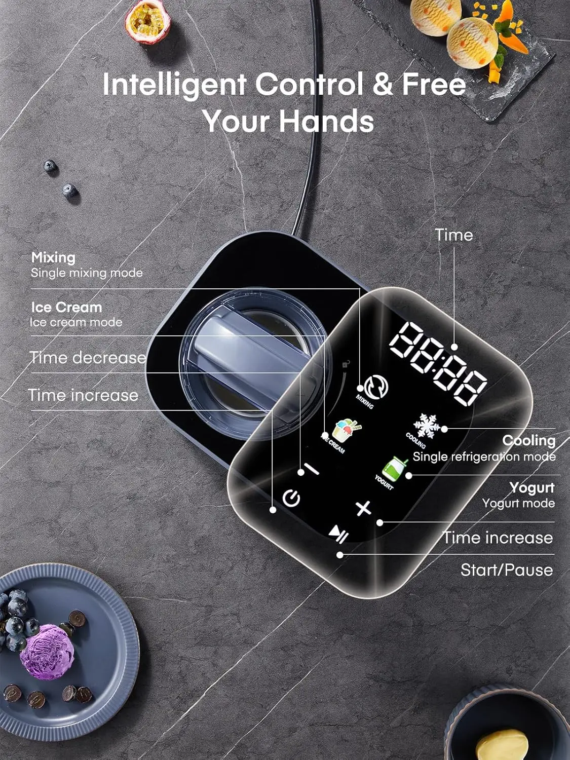 1.2-Quart Touch Screen Automatic Ice Cream Maker with Compressor, No Pre-freezing, 4 Modes Frozen Yogurt Machine with LCD Displa 3