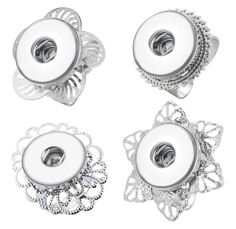 Fashion Hollow Flower Pattern Style Metal Round Snap Rings Open Back Regolabile Fit Bottoni Automatici Da 18Mm Gioielli A Scatto Fai Da Te