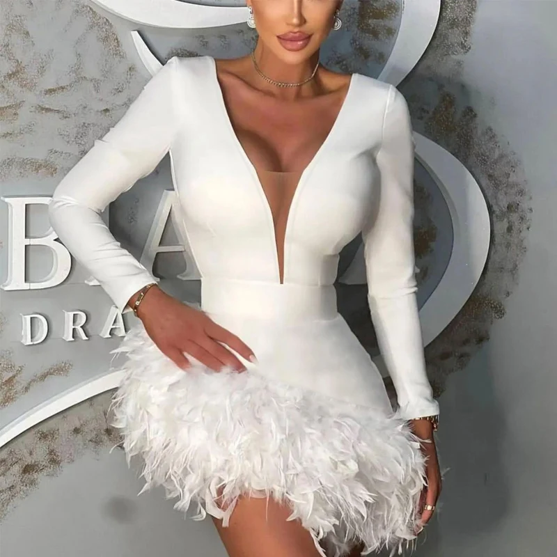 

Sexy Deep V-Neck Bodycon Slim Party Dress Chic Elegant Splicing Feather Edges Evening Gown Fashion Women Long Sleeve Mini Dress