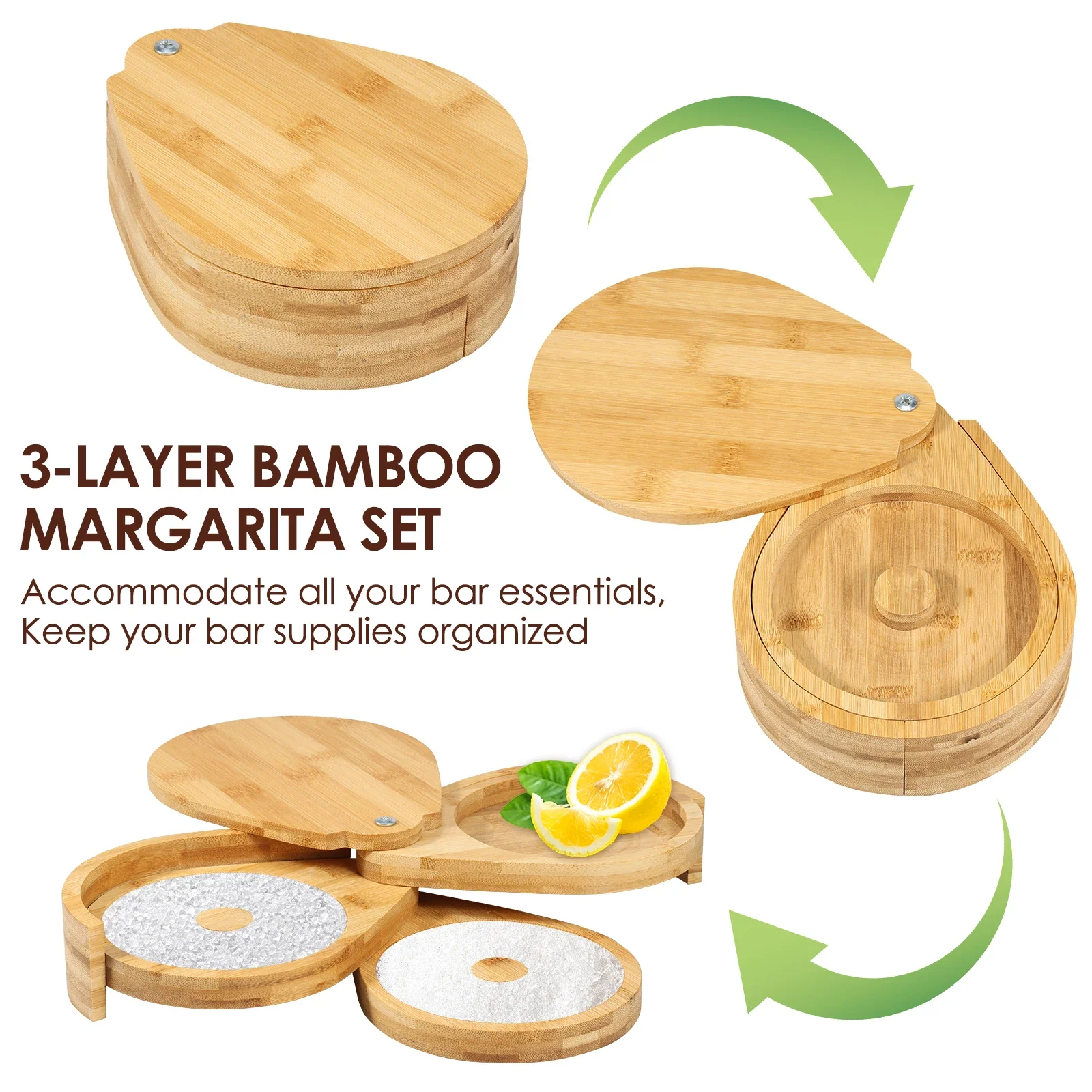 Bamboo 3-Tiers Margarita Salt Rimmer Foldable Portable Salt and Sugar Rimmer Spice Container Bartender Tools Bar Accessori