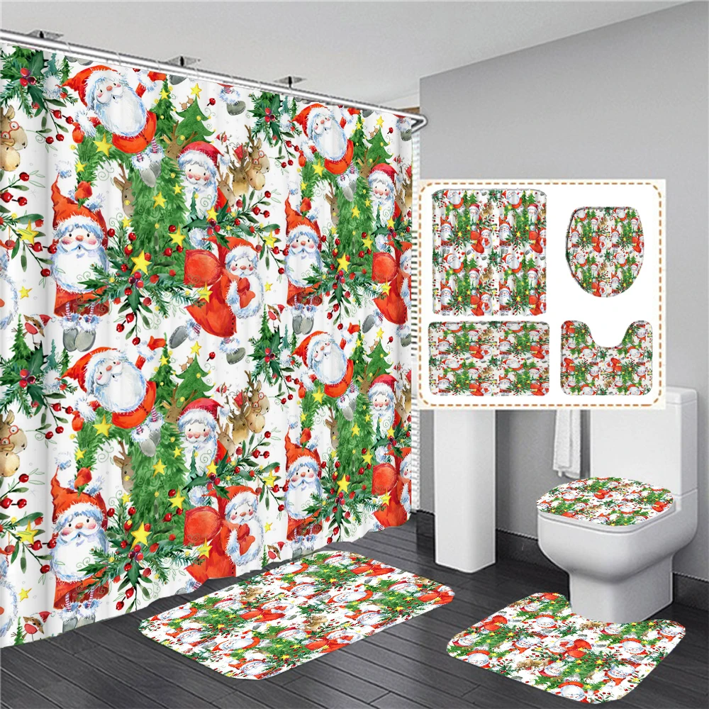 

Cartoon Santa Claus Printed Shower Curtains Merry Christmas Bathroom Set Bath Mats Non-Slip Carpet Bathtub Curtain with Hooks