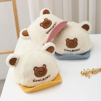 귀여운 만화 곰 야구 모자, 아기, 가을, 겨울, 어린 양 플리스, 두껍고 따뜻한 피크 캡, 어린이, 소년, 소녀, 야외 캐주얼 모자