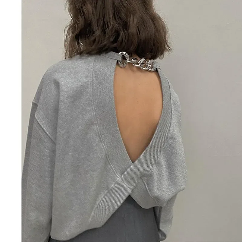 

Round Neck Sexy Grey Chain Loose Gray Backless Sports Long-sleeved T-shirt Mujer Women's Top Spring and Autumn 2021 New Fashion