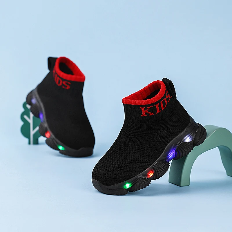 용 LED 라이트 스니커즈 하이탑 남아 플랫폼 슬립온 신발 아동용 봄 니트 양말 스니커즈 야광 운동화