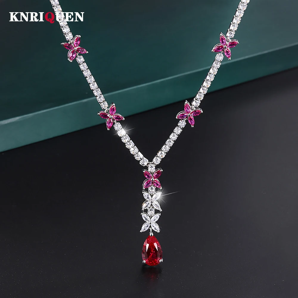 

Sparkling 9*14MM Ruby Gemstone Pendant Necklace for Women Luxury High Carbon Diamond Cocktail Party Fine Jewelry Birthday Gift
