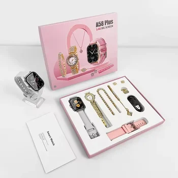 Nuovo Smartwatch A58 da Donna con Chiamata Bluetooth, Orologio al Quarzo con Diamanti, Collana, Orecchini, Anello e Bracciale - Regalo Perfetto