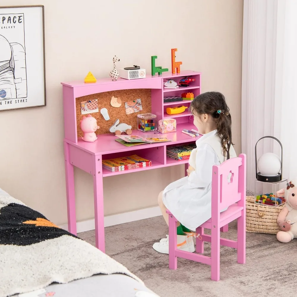 Kids Desk and Chair Set, Wooden Study Desk for Kids with Storage,Hutch, Cork Bulletin Board,Student Writing Computer Workstation 3