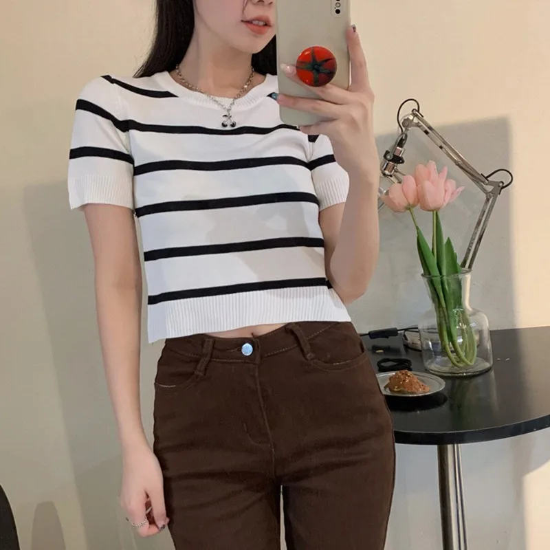 Zomer Casual Mode Gestreepte Bedrukking T-shirt Dames Korte Mouw Pullover Tops Dames Losse O-hals Tee Vrouwelijke Kleding311_voghion.com