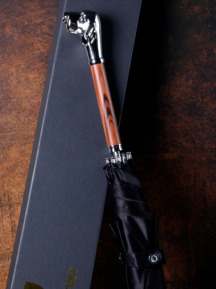 Metal Dog Head Wood Long Handle Umbrella Men Luxury Sunny Rain Umbrella Women Windproof Reinforced Big Black Business Umbrellas