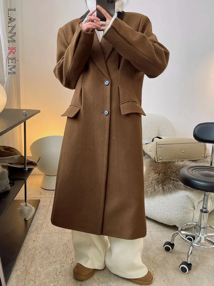 

[LANMREM] Fashion Wool Coats Long Women Contrast Color Single Breasted Thick Warm Outwear Vintage 2023 Winter New 26D6783