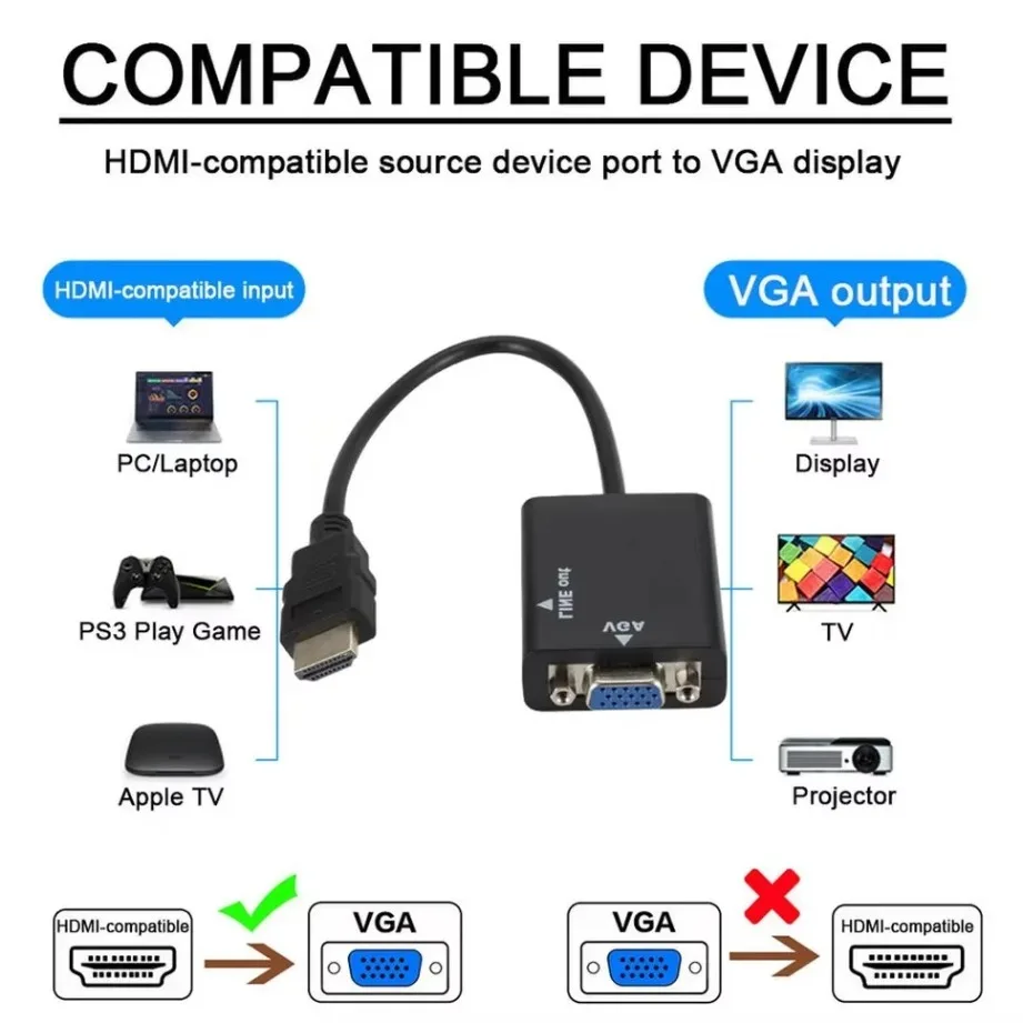 HDMI-compatible to VGA Adapter With Audio Cable Converter HD1080P for PC Laptop to HDTV Projector