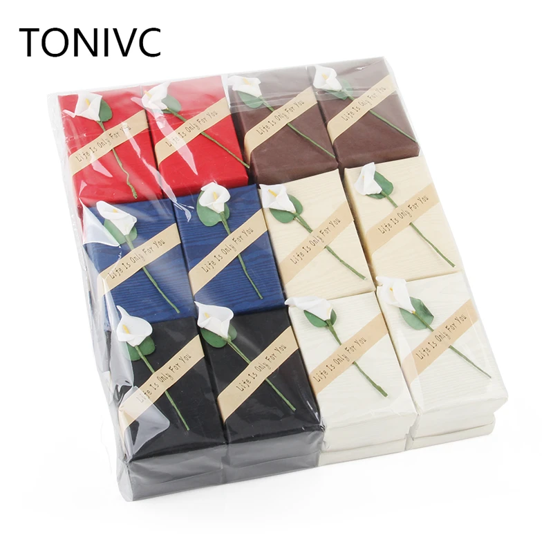 TONVIC 24PCS 5x8x2.5cm Retro Paper Letter Earring Ring Box Storage Jewelry Set Case With Flower Mixed Color Fashion Je