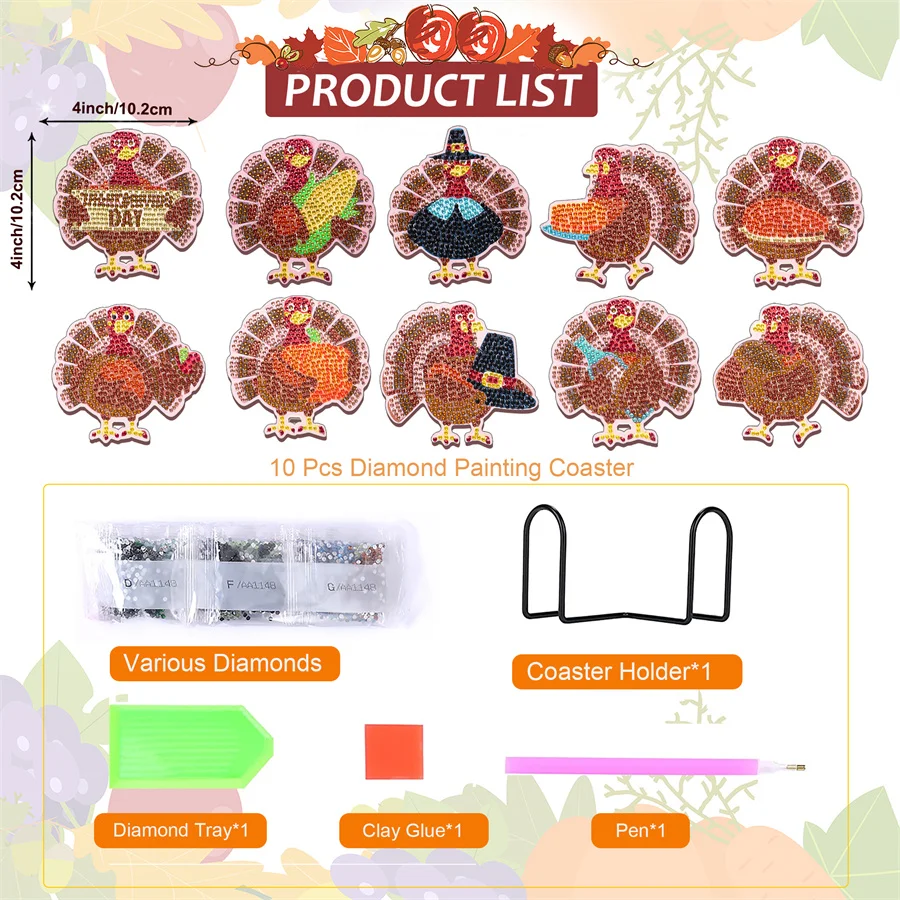 DIY Diamond Handmade artwork Mushroom Butterfly Owl Turkey Pattern Diamond painted coaster kit, holiday gift home kitchen decor