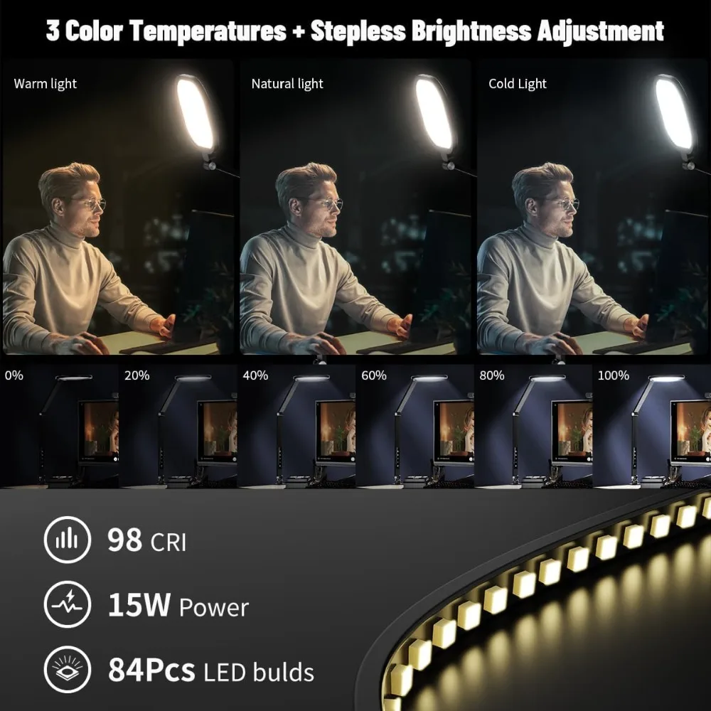 2Pack Video Conference Lighting, Zoom Lighting for Computer with Clamp, 30 Light Modes, Eye Caring Swing Arm Desk Light with Mem