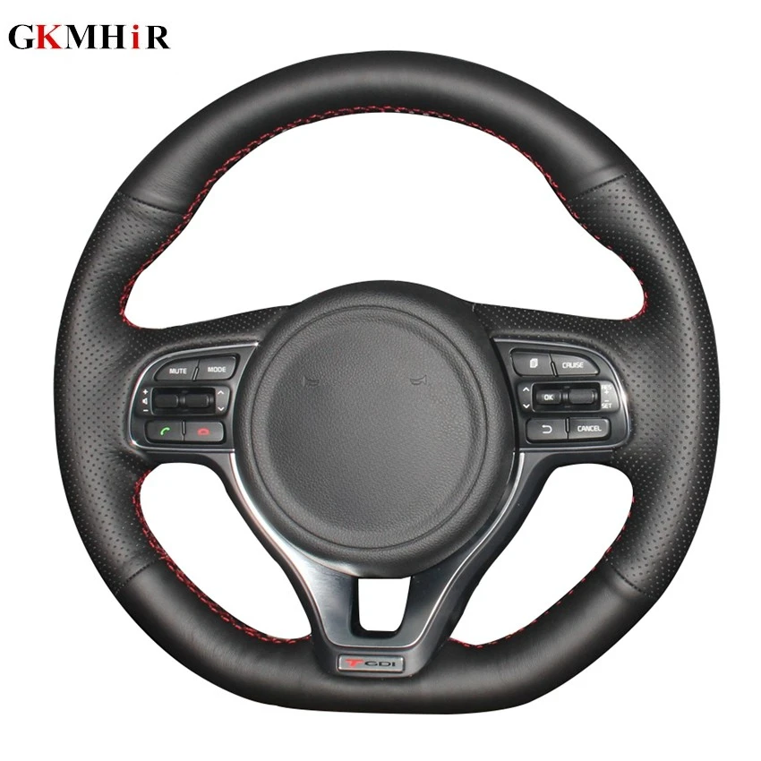 

DIY Hand-stitched Black Genuine Leather Car Steering Wheel Cover for Sportage KX5 2016-2019 Kia K5 Optima 2016-2018