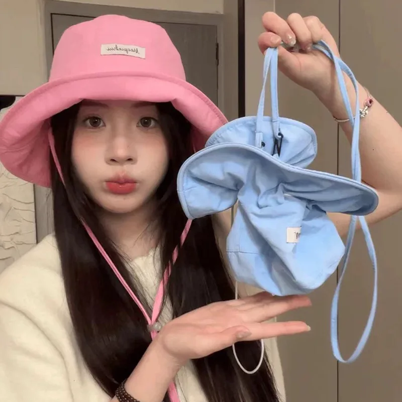 New Korean Dopamine Color Drawstring Bucket Hats for Women Summer Travel Sunscreen Versatile Multi-functional Basin Caps 2025