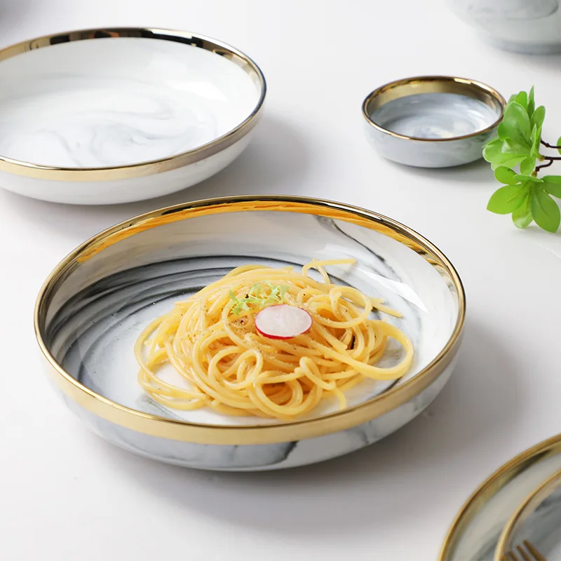 Nordic Gold Rim Ceramic Tableware Set Gray Marbled Dinner Plate Soup Bowl Dish Spoon Home Simple Luxury Flatware