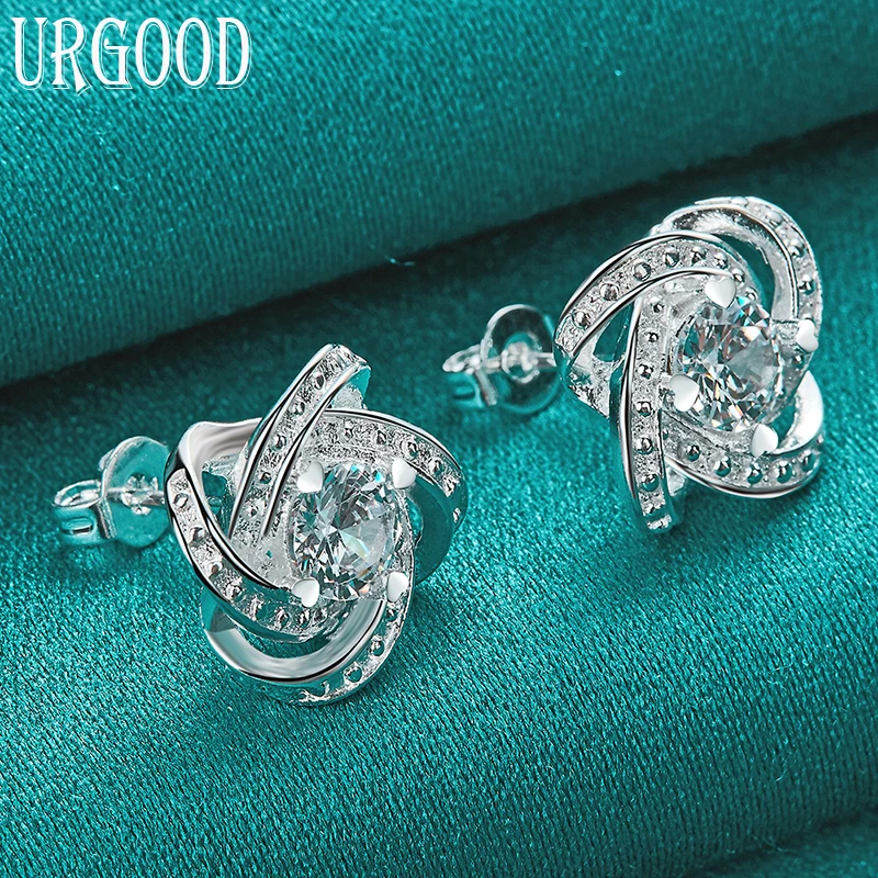

925 Sterling Silver AAA Zircon Rotating Flower Stud Earrings For Women Party Engagement Wedding Fashion Jewelry Gift