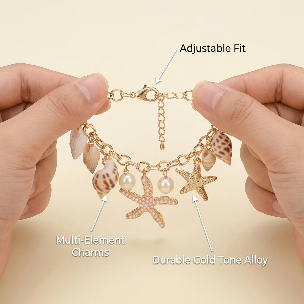 Böhmisches Armband im Ozeanstil für Damen, goldfarben, mit Seestern, Muschel und simulierter Perle, Handkette, Urlaubsgeschenk – Detail 4
