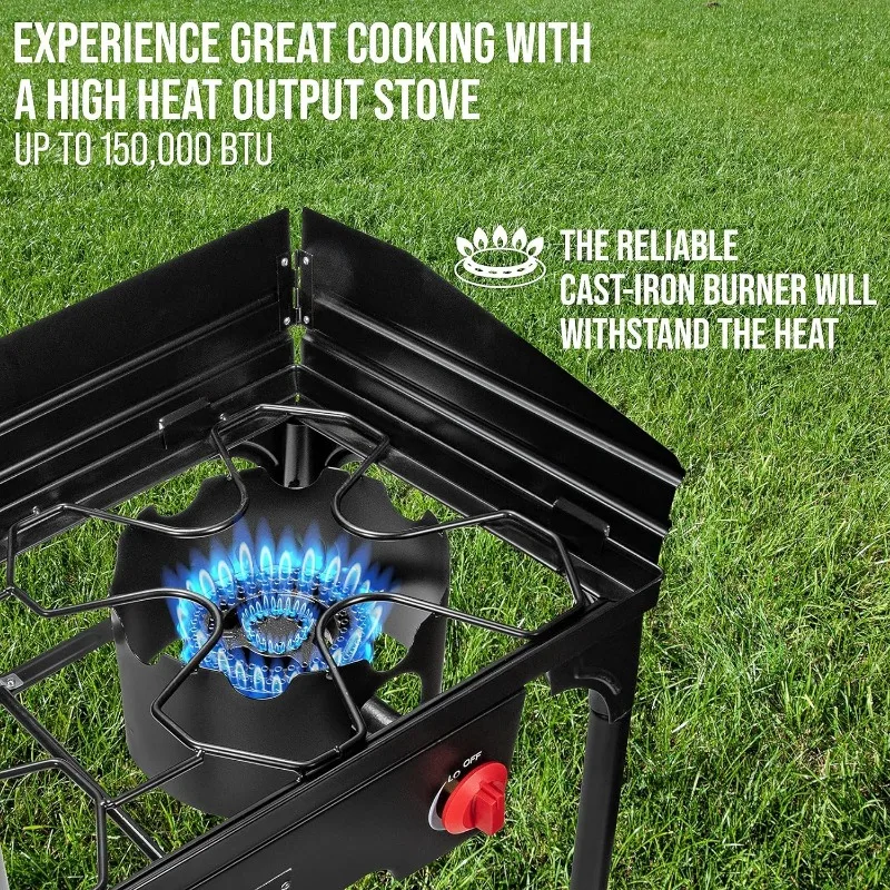 Cast Iron Double-Burner Outdoor Gas Stove 150,000 BTU Portable Propane Cooktop w/Blue Flame Control, Removable Legs,