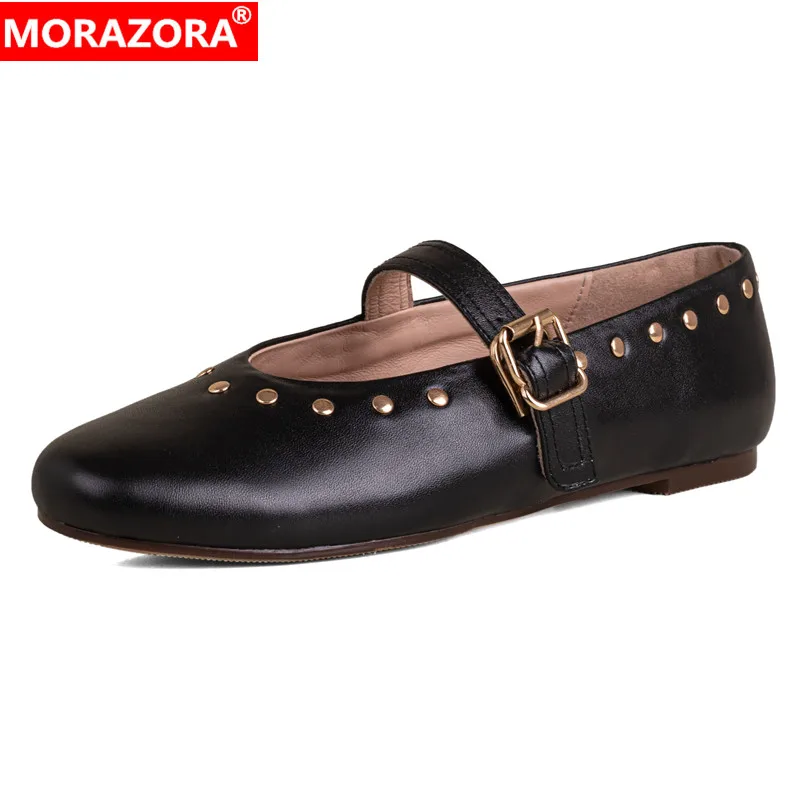 

MORAZORA 2024 New Genuine Leather Shoes Mary Janes Women Flats Buckle Spring Summer Rivets Ladies Office Dress Shoes Size 34-40