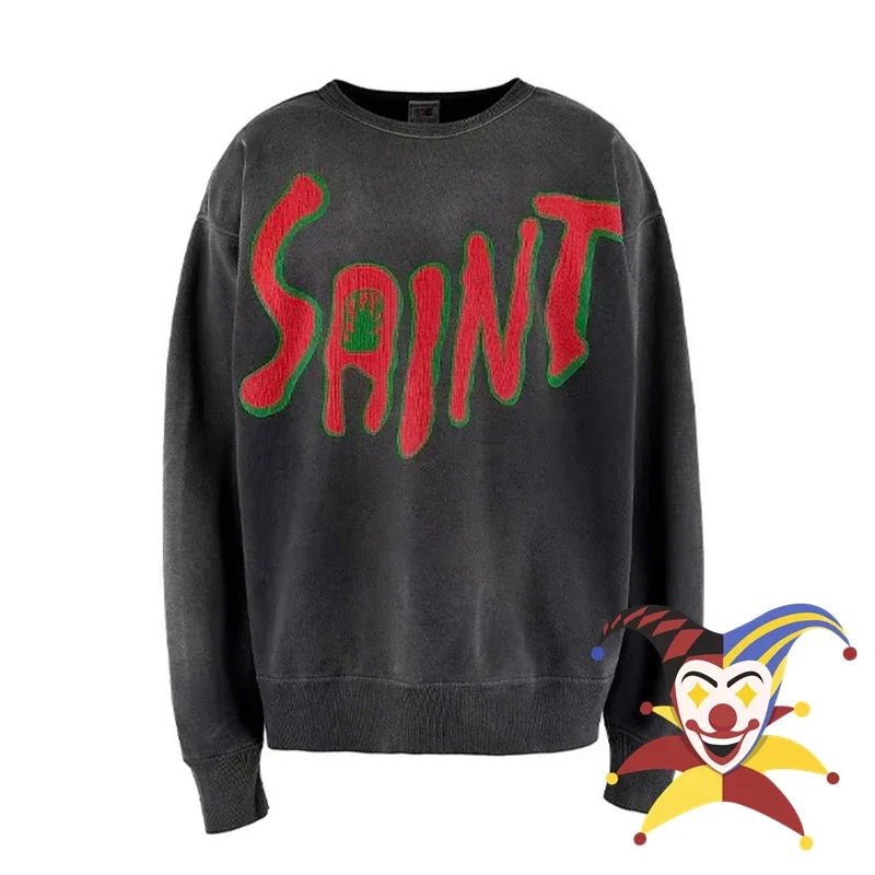 

Washed Black SAINT MICHAEL Letter Printing Sweatshirts Men Women Crack Hoodie Crewneck