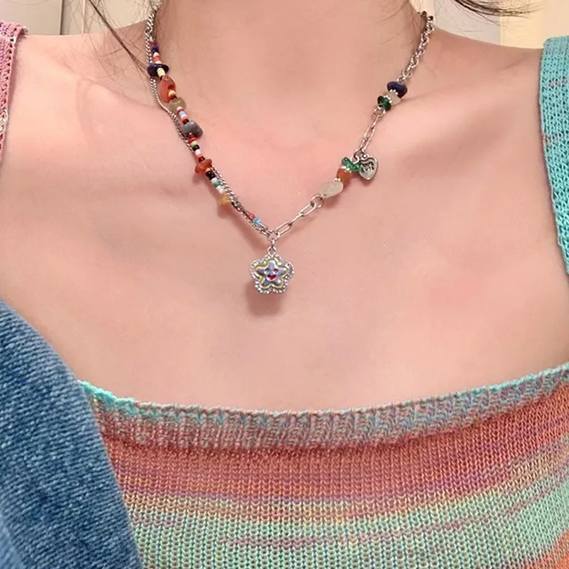 Bohemia Candy Color Cute Necklace for Women Star Pendant Beaded Clavicle Chain Multicolor Y2K Vacation Jewelry Accessories