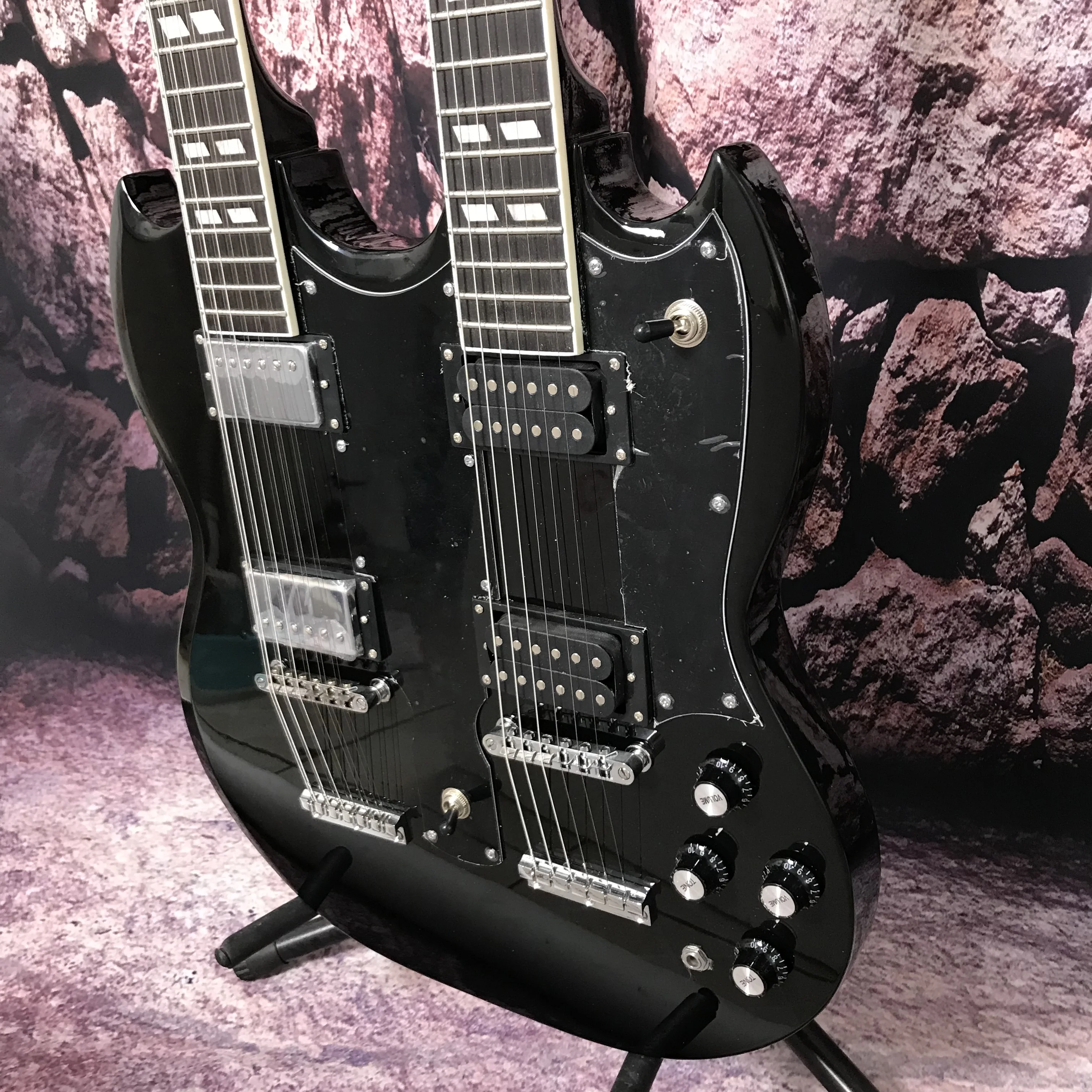 Factory customization electric guitar S G double neck 12+6 strings hot sale mahogany