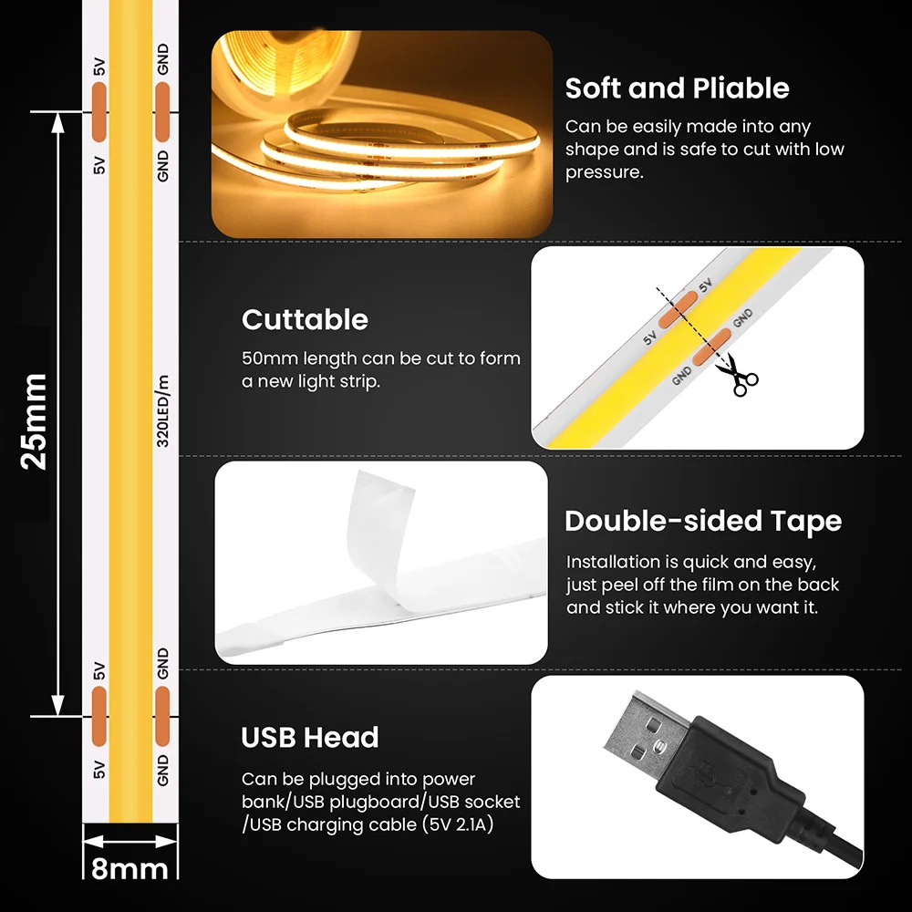 New 5V USB COB Strip Light 320Leds/m Warm Natural White Cabinet Lamp Night Lighting Flexible LED Ribbon Stripe DC5V TV Backlight 4