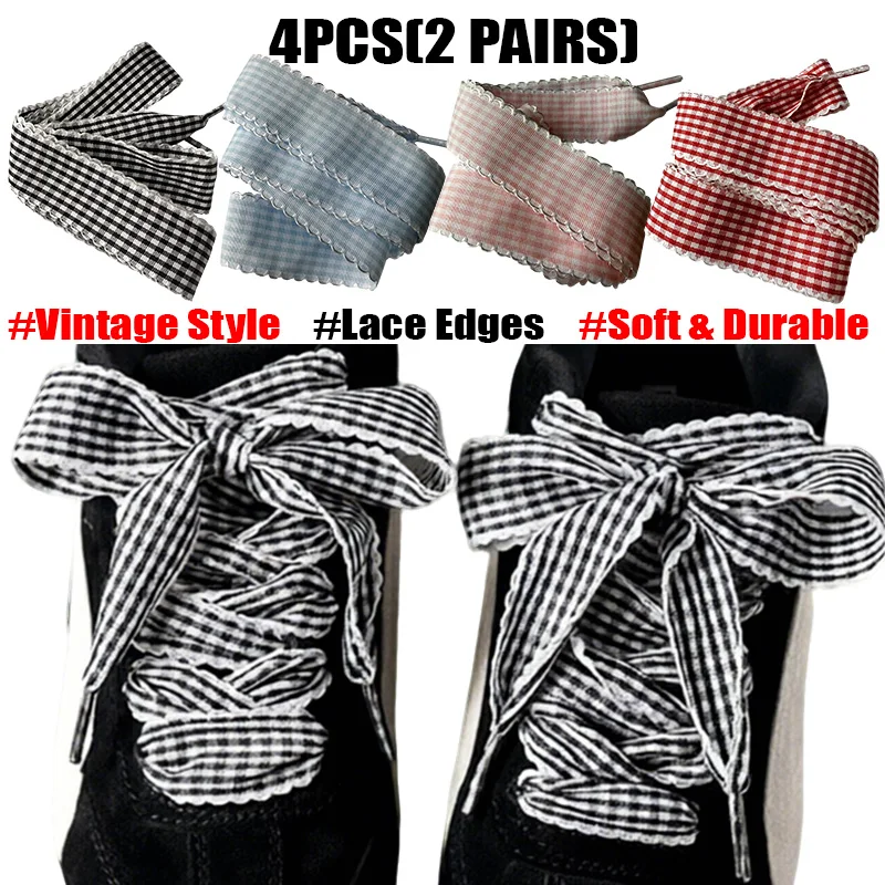 4Pcs(2Pairs) 레이스 트림 격자 무늬 신발 끈 GAT 운동화 용 빈티지 플..