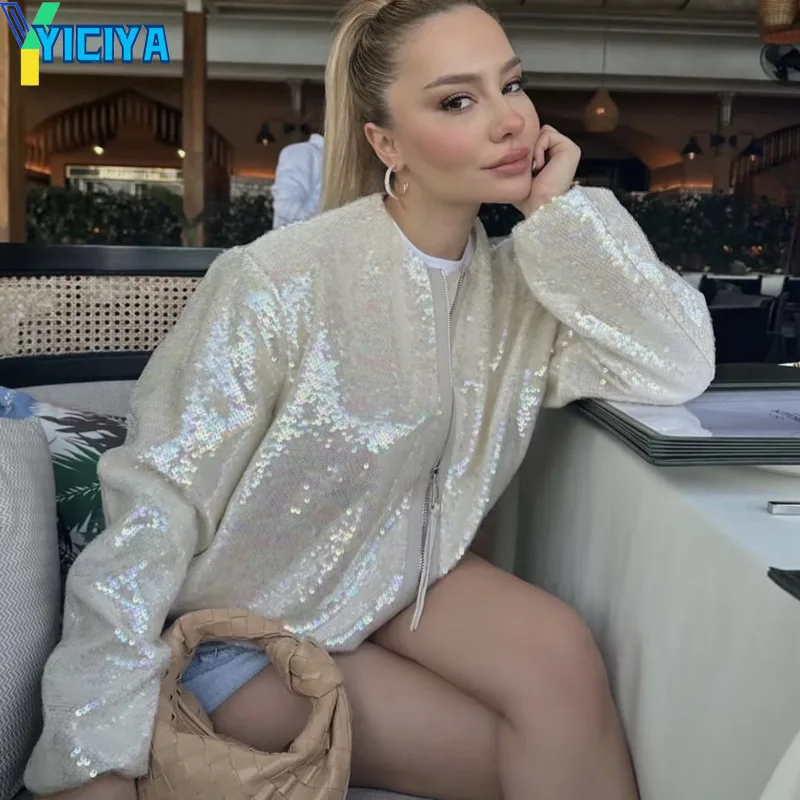 

YICIYA Sequin decoration Jacket Bomber Woman Varsity Long Sleeves Vintage baseball jackets new Coats fashion 2024 spring outfits