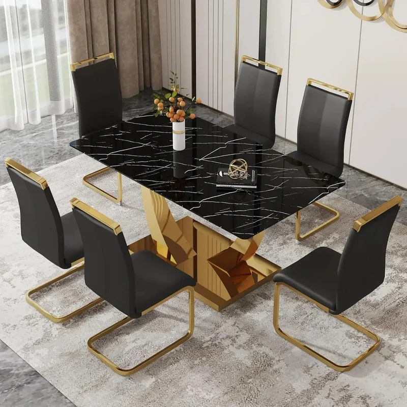Modern 63” Rectangle Dining Room Table Set for 6 with Gold Accents, Includes Black PU Leather Chairs