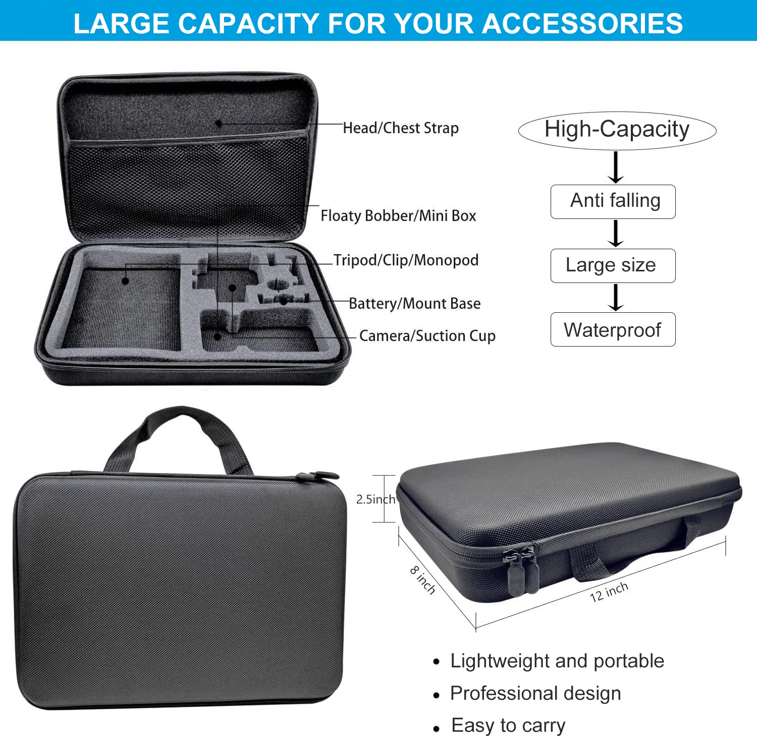 Étui de transport zippé contenant le kit accessoires caméra action 13 pièces blanc/noir