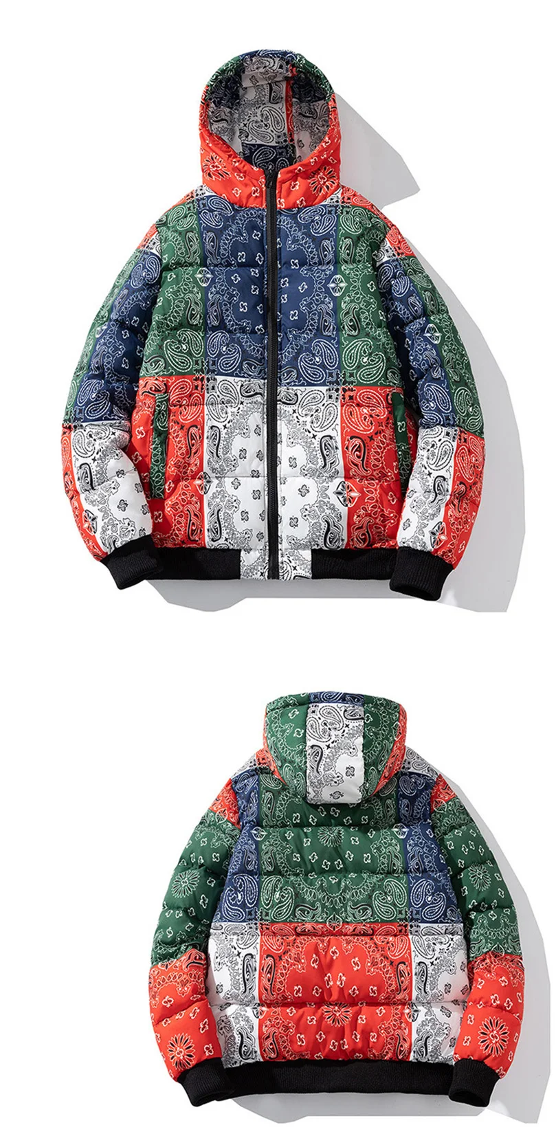 Winter Jacket Men Bandana Print Patchwork Cotton Padded Coat Thick Warm Hooded Varsity College University Outerwear New 2024 5