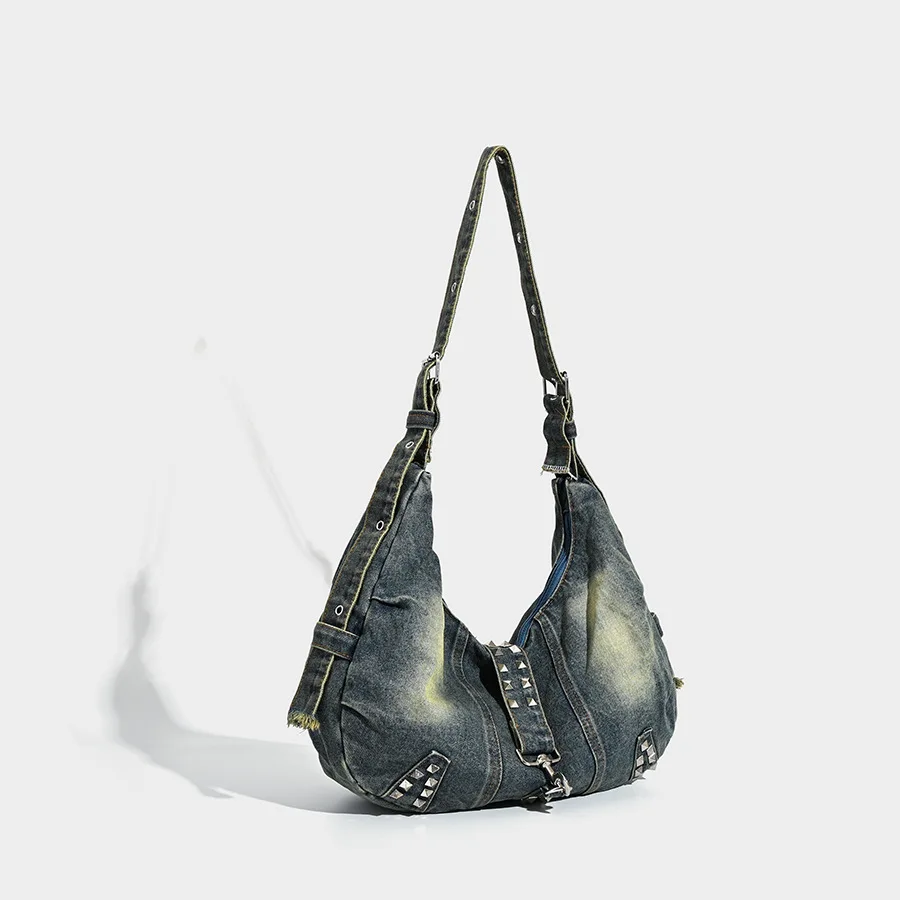 Vintage Denim Shoulder Bag Women's Large Capacity Messenger Bag Multi-pockets Satchel Bags Adjustable Strap Ladies Crossbody Bag