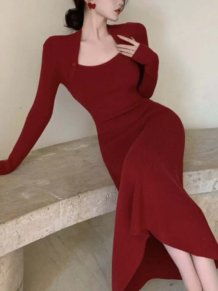 

Fashion New Women Knitted Bodycon Slim Midi Red Dress Vintage Sexy Casual Party Prom Black Vestidos Elegant Femme Clothes Robe